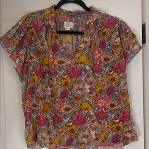 Trovata Bird of Paradis Gold Pink Blue Ruffle Sleeve Floral Shirt Medium